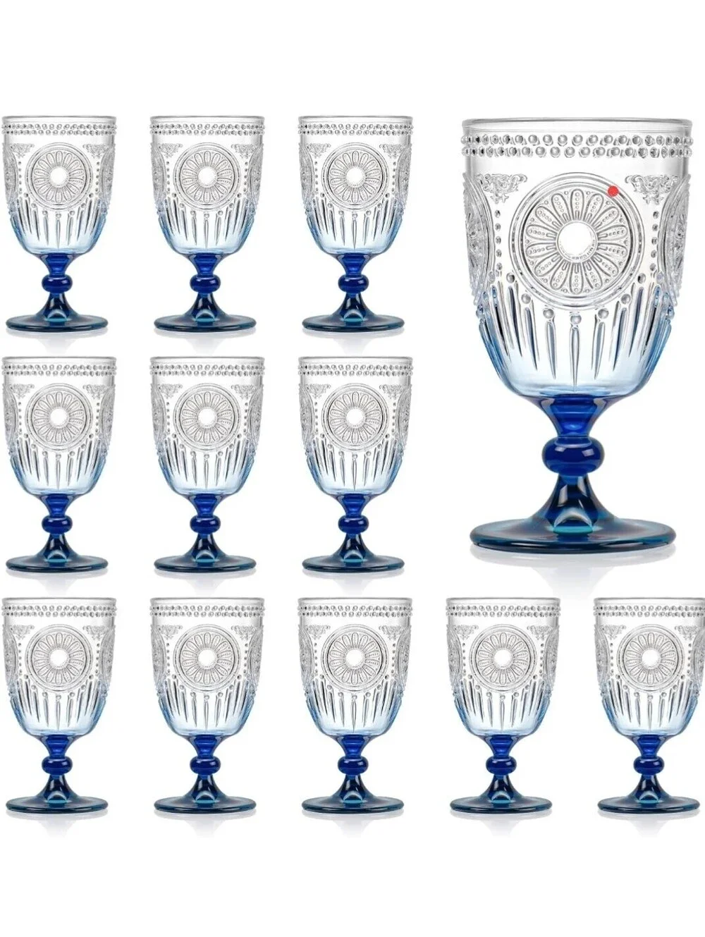 12-Piece 13.5 oz Blue Plastic Wine Glasses Embossed Reusable Goblets
